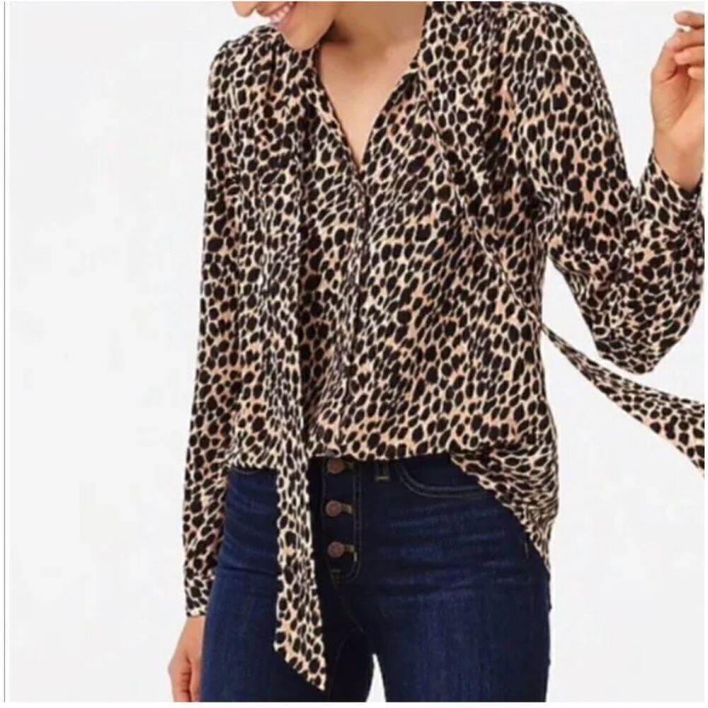 J. Crew Women's S Long Sleeve Leopard Drapey Tie Neck Blouse Black Tan Cheetah